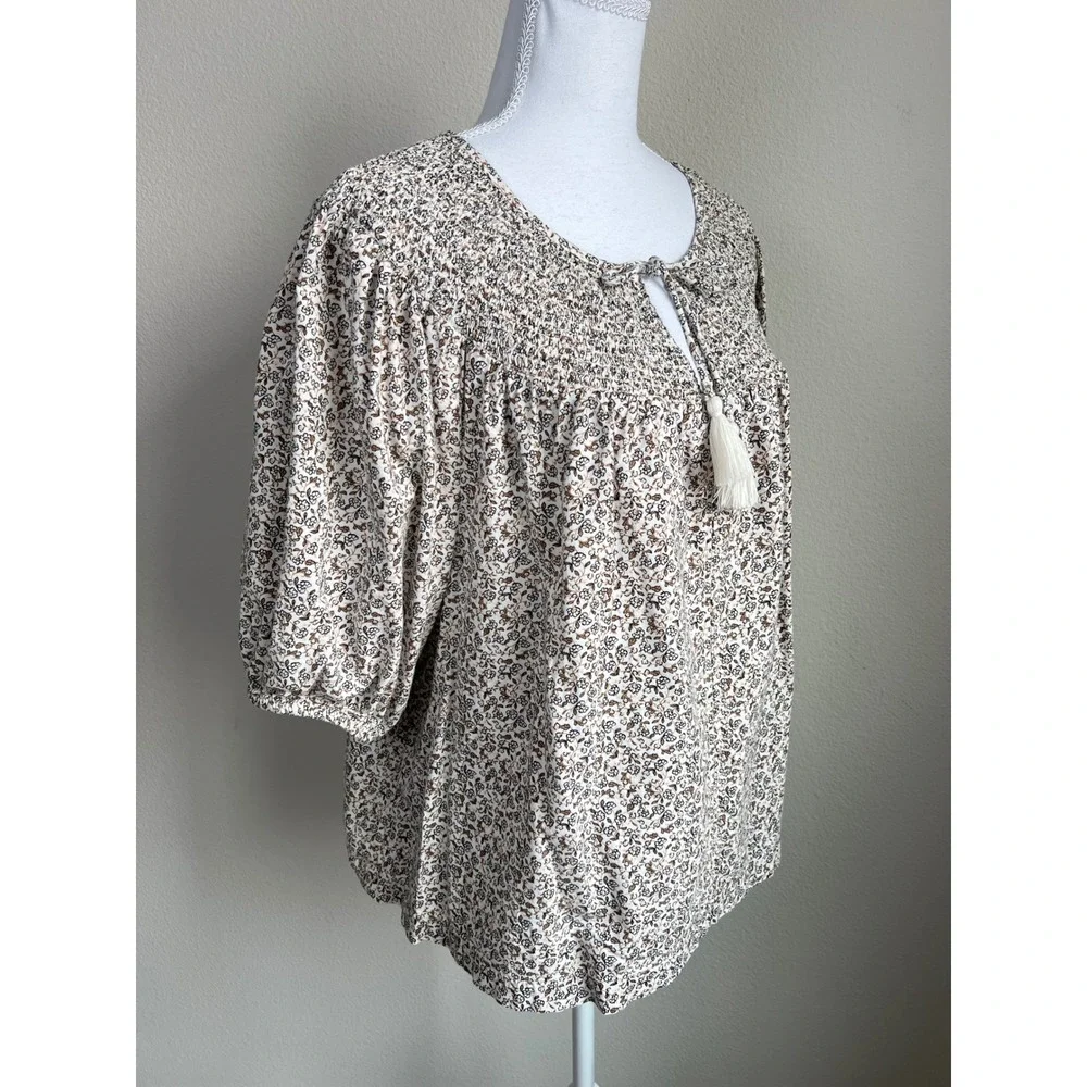 Old Navy Puff-Sleeve Tie-Front Embroidered Swing Top XL Floral Boho Peasant